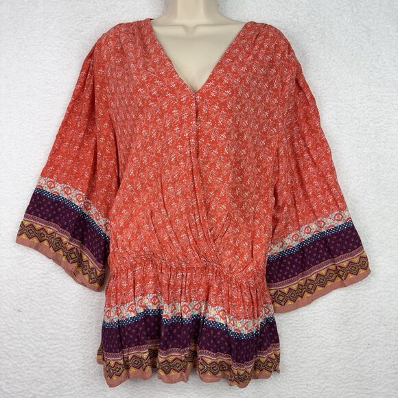 Black Note Boho Peasant Tunic Top‎ Women’s XL Orange Floral Border Print Peplum - Picture 15 of 15